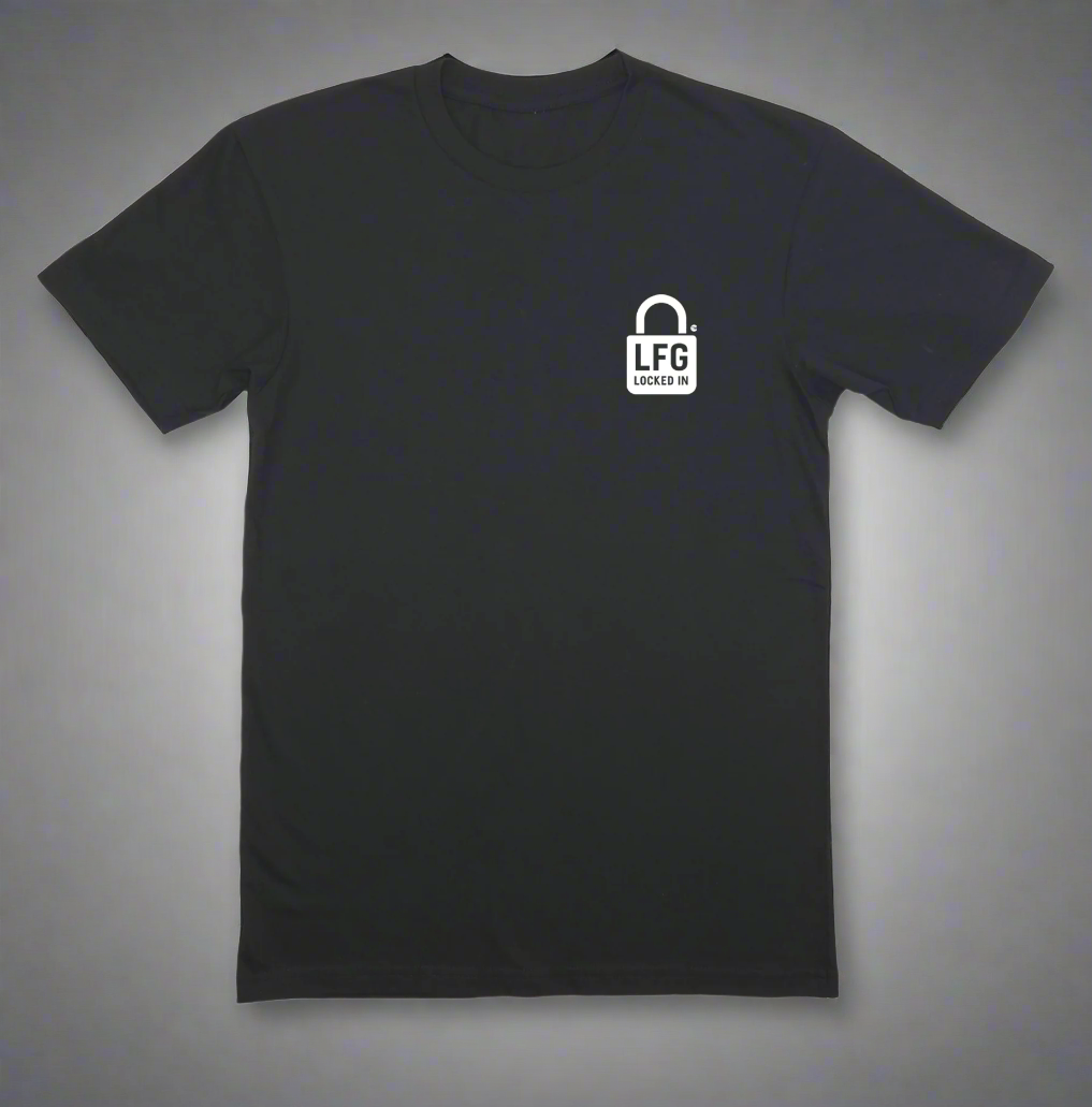 Black t-shirt with a white logo on a white background