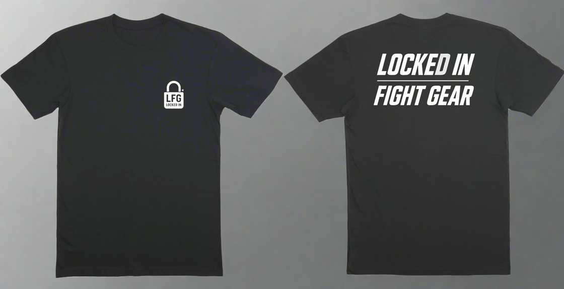 Black t-shirt with 'Locked In Fight Gear' logo and text on the back, shown from front and back views.