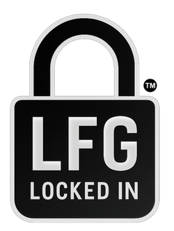 Black and white lock-shaped sticker with 'LFG Locked In' text on a white background